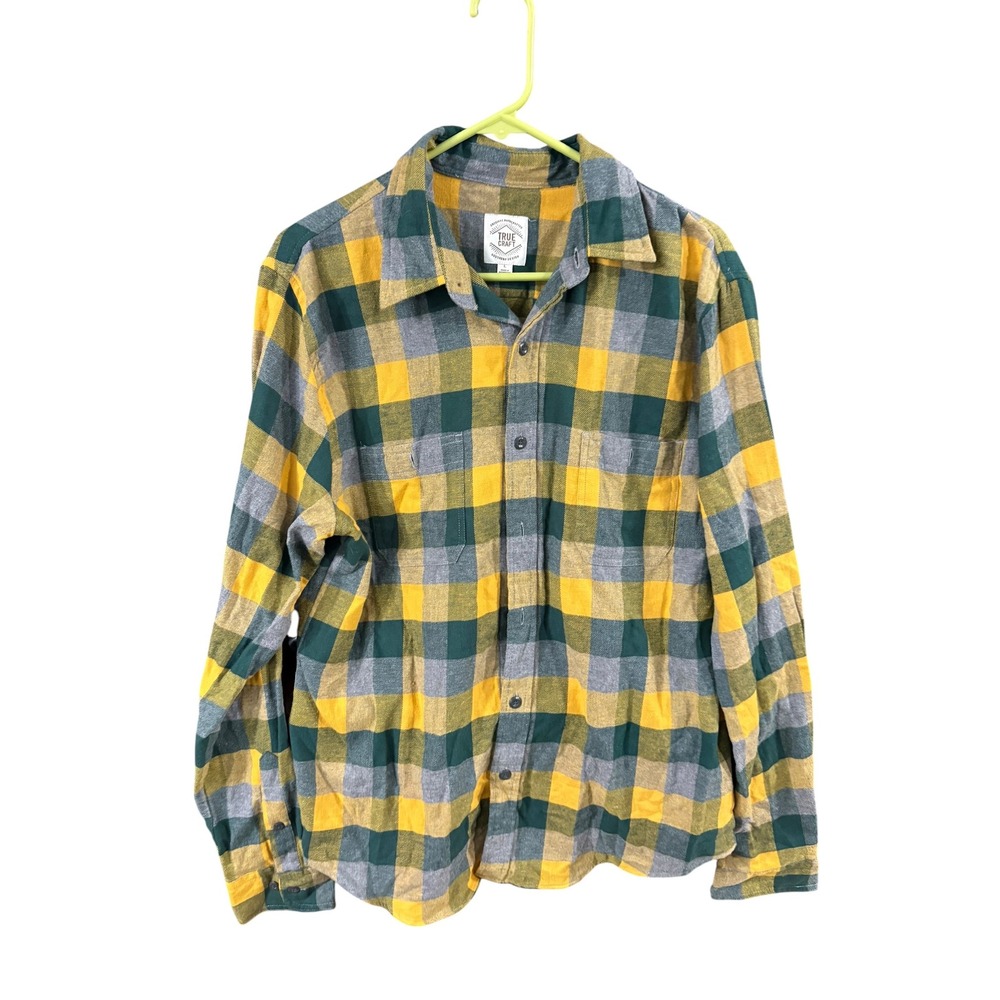 True Craft Mens Plaid Flannel Button Down Shirt Yellow Green Grey Large L